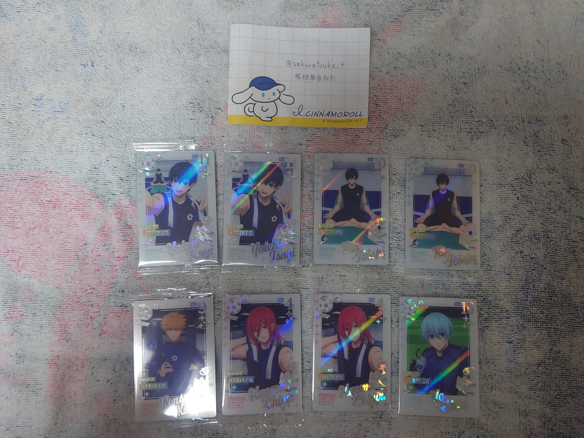 sakuratouka_t's tweet photo. 【交換】ブルーロック ウエハース6

譲：ER 潔 2、凛 2、國神、千切 2、氷織
E 蟻生 2、乙夜 3、久遠 5、士道 3、閃道、七星 2、二子 2 、馬狼 2、雪宮、雷市 2
O 潔 2、冴 5、凛、國神、千切 3

求：ER 黒名、凪、玲王
E ★清羅
O 玲王

ER⇔ER
★はEとの交換のみ

郵送希望 https://t.co/veltkGoVUP