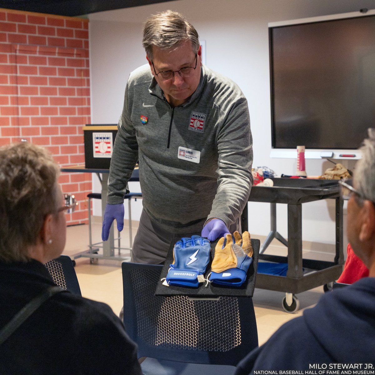 baseballhall's tweet photo. Welcome to the 40/40 club, PCA!

Visitors to the Museum on Friday got an up-close look at the batting gloves Pete Crow-Armstrong wore on June 15 when the @Cubs star hit for the cycle. https://t.co/wg8Lo5qY53