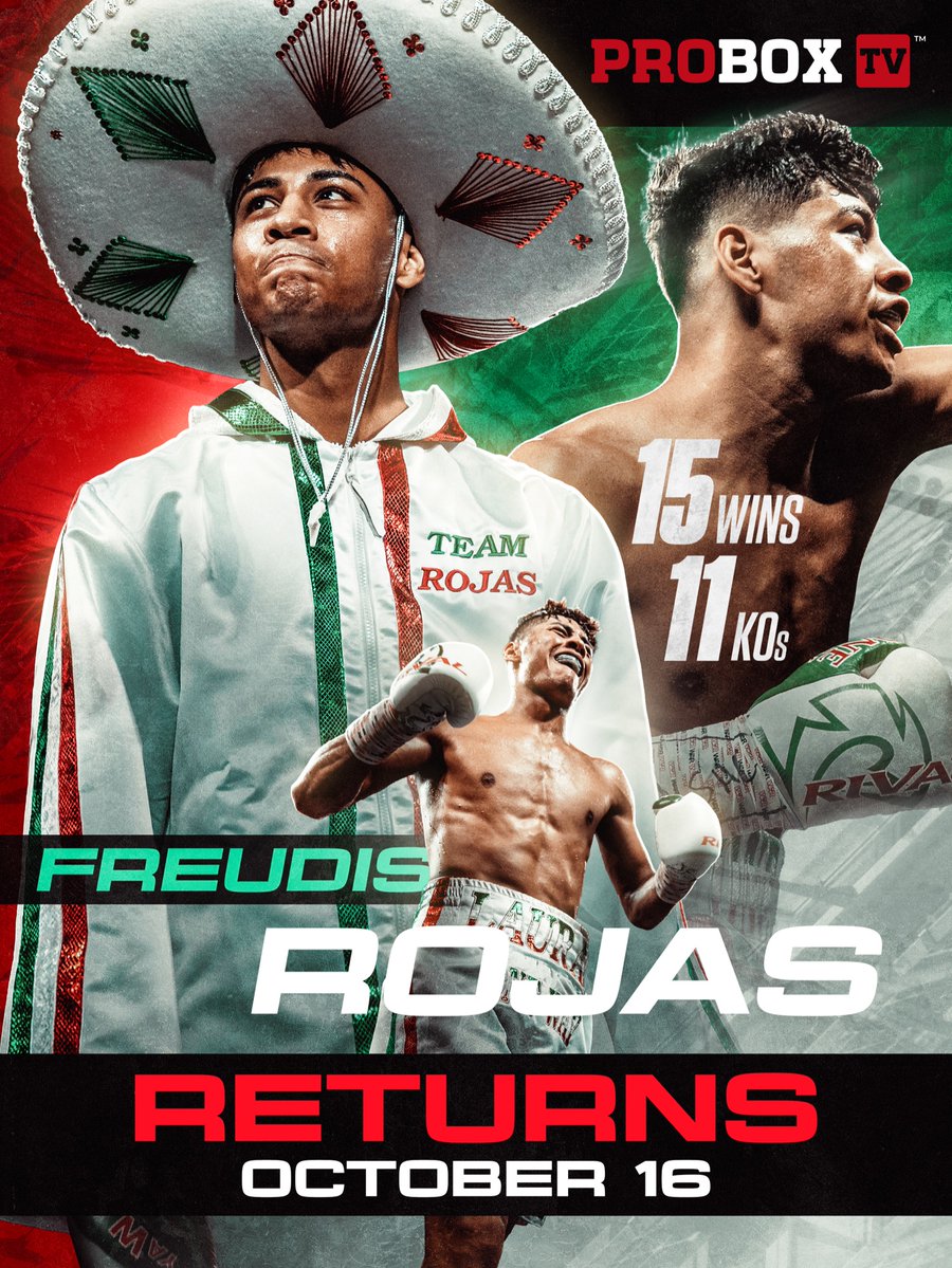 ProBox_TV's tweet photo. FREUDIS ROJAS JR RETURNS 🇲🇽🥊

At 15-1 with 11 knockouts, he's a tough challenge for Kevin Anton. On October 16 he goes after the WBC Continental Americas title in the main event.

🎟️ Tickets on sale now: 
📺 Championship Series, exclusively on the ProBox TV YouTube channel for just $5 a month
📅 Friday, October 16
📍 Rawhide Event Center, Phoenix, AZ

#AntonVsRojas #ProBoxTV