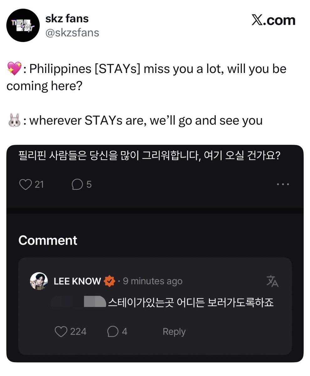 gknowcci's tweet photo. RUN IT MNL WILL HAPPEN. SAY IT AFTER ME!! 🇵🇭 

I believe in my Lee Know. He wouldn’t dare give us false hope 😭 Ang daming comments about other countries, pero dito talaga siya nagreply. Y’all can’t make me believe otherwise. 😌😭😂 https://t.co/3DqmYlzLMD