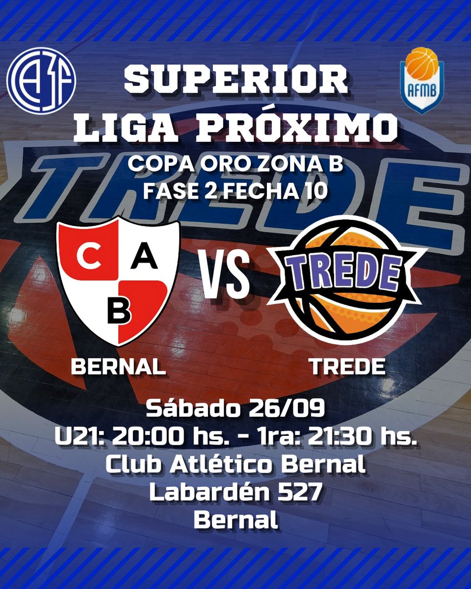 tredebasquetok's tweet photo. 🔜 PRÓXIMOS PARTIDOS
🏆 COPA ORO
BERNAL 🆚️ TREDE
⚔️ Fase 2 Fecha 10
🗓 Sábado 26/09
U21: 20:00 hs. 🕗
1ra: 21:30 hs. 🕤
🏟 Club Atlético Bernal
📍 Labardén 527, Bernal
¡VENÍ A ALENTAR A LAS PIBAS! 💙🤍🏀
#SomosPasión #SomosFamilia #TredeBasquet #ORGULLODEPERTENECER https://t.co/Xytu3oX7TN