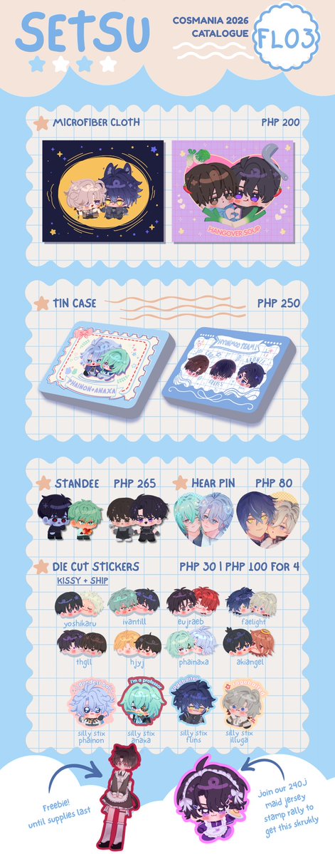 daz_hai's tweet photo. RTs 🩵

Here is my catalog for #cosmania2026
💛 Table No. FL03
🩵 Genshin, Debut or Die, GDCG / GSGW, HSR (Phainaxa), THGLL + more

#FanFairatCosplayMania2026 #CosplayMania2026 https://t.co/gj4KfELcgA