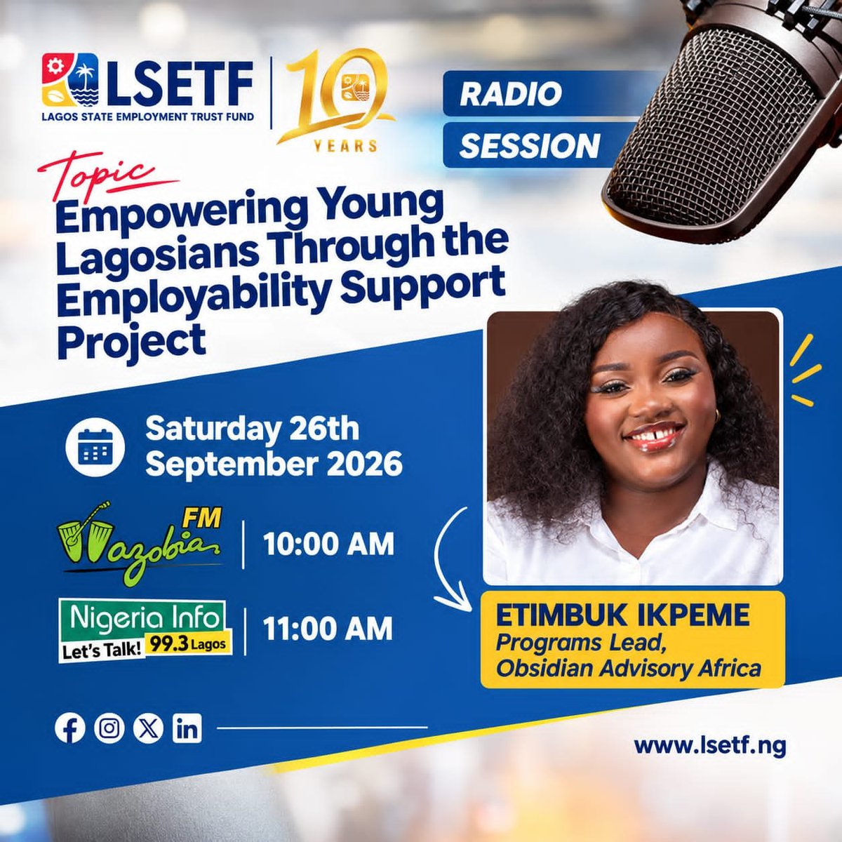LSETF's tweet photo. What does real employability support look like for young Lagosians?🤔

This Saturday, we find out. Etimbuk Ikpeme, Programs Lead at Obsidian Advisory Africa, joins us on air to discuss how to bridge the gap between young talent and real opportunity. 

Saturday, 26th Sept 

#lsetf https://t.co/G5BdnqfXQJ