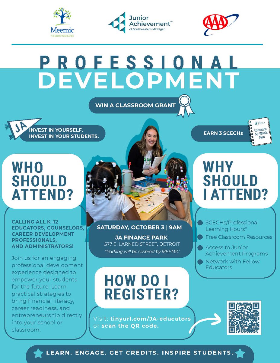 MIEducator's tweet photo. Educators, join The Meemic Foundation &amp; Junior Achievement of SE Michigan for a professional development day on Oct 3. Learn from Michigan's recent Teacher of the Year and Regional Teachers of the Year, gain new strategies, and earn 3 SCECHs. Register https://t.co/qYx0UJA5ko #PME https://t.co/Dt4eJJprrk