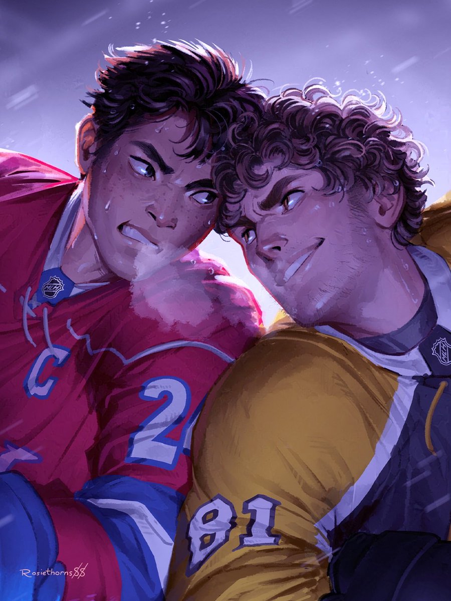 rosiethorns88's tweet photo. Dropping the next-in-line Sketch-a-Wish, voted on by my lovely Patreon members for the month of April! (catching uuuuup)

Featuring Shane and Ilya from Heated Rivalry by Rachel Reid! Don't TALK to me about illustrating hockey gloves ever again, please. ✋😑

I live streamed the final hours of working on this on TikTok and posted it on my Patreon, if interested! Mostly focused on lighting, background effects, logo/number placement. I got restricted a few times by TikTok for broadcasting unoriginal content, so please accept my apologies.