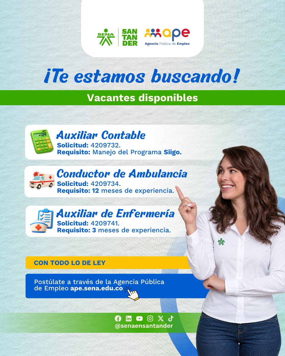 senaensantander's tweet photo. ¡Trabajo sí hay en Santander! 💼 La APE SENA tiene vacantes en áreas administrativas, operativas y de salud. Postúlate 100% virtual con tu hoja de vida actualizada. 🚀 #EmpleoSantander #APESena #TrabajoSíHay https://t.co/EEIZlCp7oL