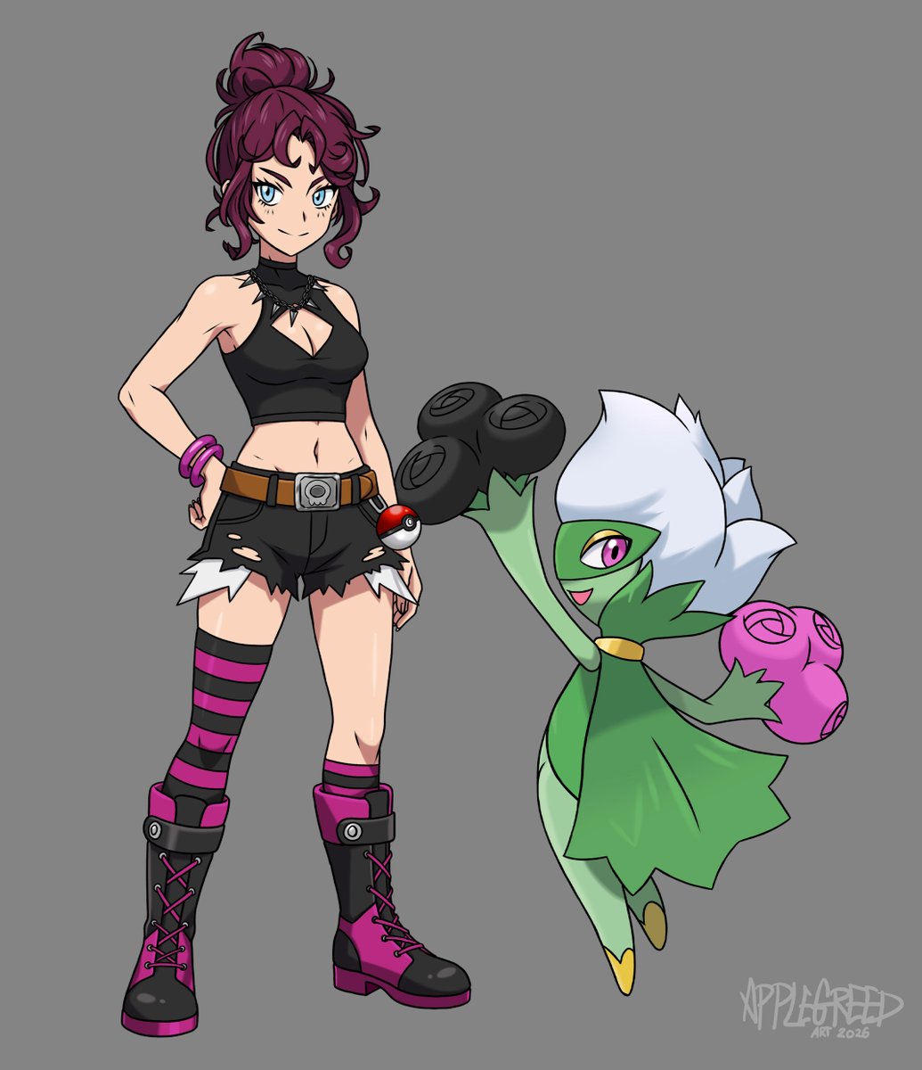 RingoApplegreed's tweet photo. Cool C0mm for @ mossirai of their lovely OC as a Pokémon trainer and their shiny Roserade ! https://t.co/vCJFDbVA1v
