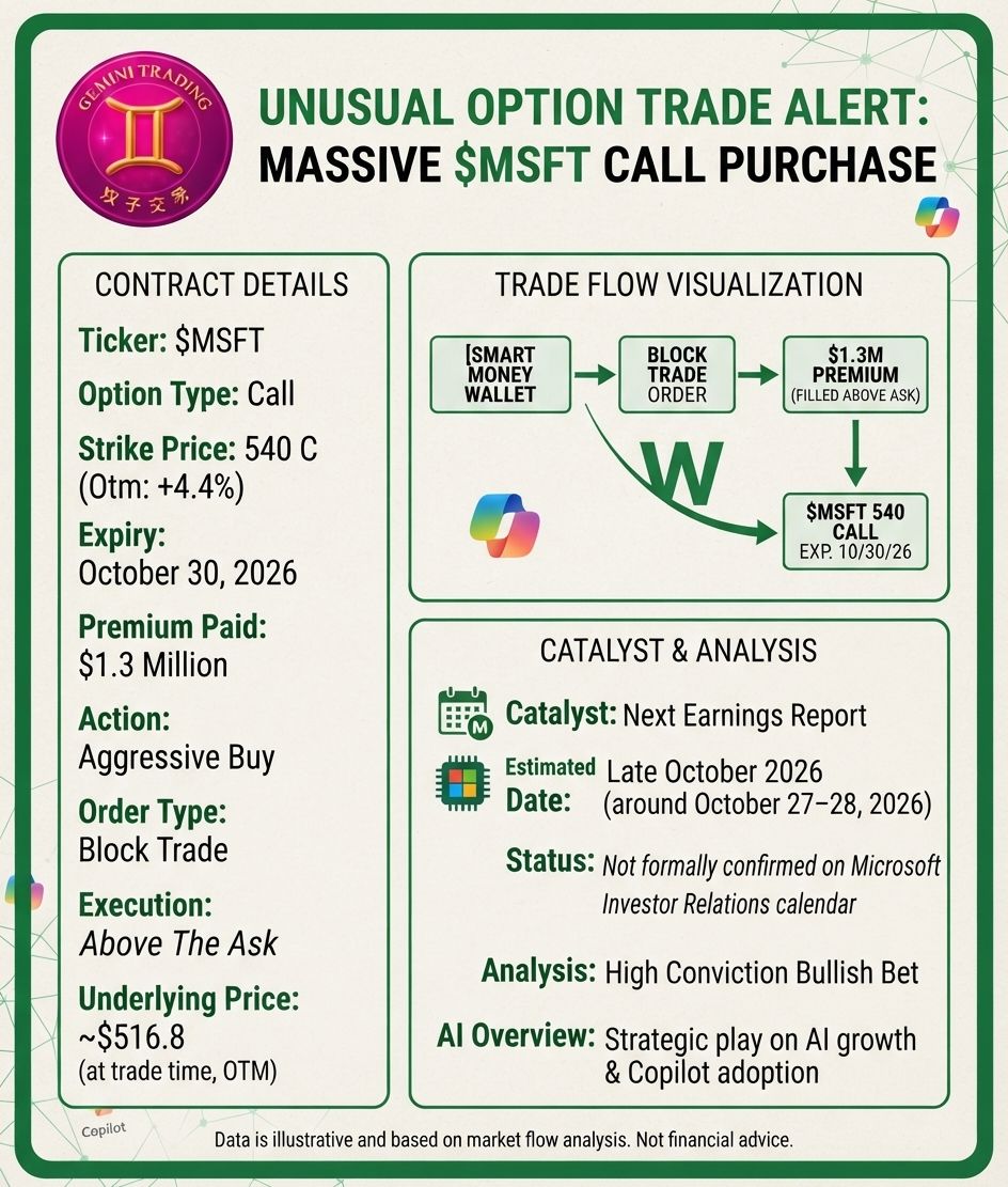📊 $MSFT unusual flow — Print #30

Claimed $1.3M BLOCK buy: Oct 30 $540 CALLS, ~4.5% OTM, ~$516.8, FILLED ABOVE ASK (urgency — same marker as #25 $RIOT).

✅ Mat