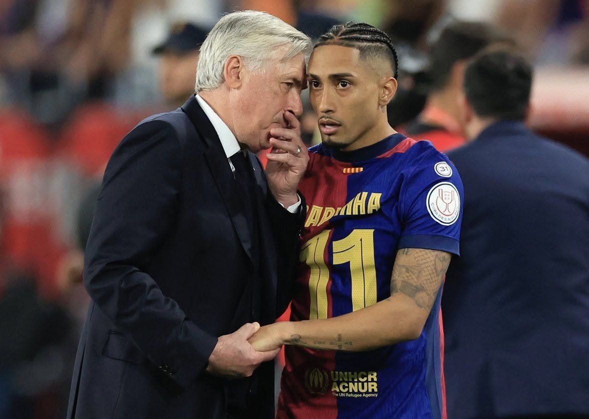 BarcaUniversal's tweet photo. 🚨🚨  Raphinha played the full 95 minutes in a meaningless friendly for Brazil, while Vinícius Jr and Endrick were both subbed off early in the second half!

Raphinha was the only attacker to complete the match.

Ancelotti, take your Madrid shirt off! https://t.co/MJH7qARTW3