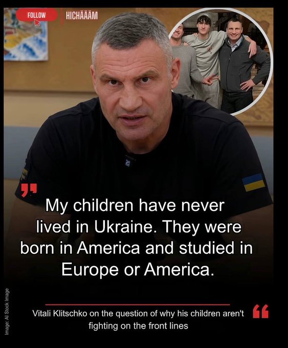 VirginiePerez15's tweet photo. 🇺🇦🇩🇪Un  journaliste Allemand a  demandé au maire de Kiev, Vitali , pourquoi ses propres enfants ne combattent-ils pas en Ukraine ? Il a répondu que ses enfants n’ont jamais vécu en Ukraine, qu’ils sont nés aux États-Unis et qu’ils ont fait leurs études en Europe ou en Amérique. Quand le journaliste a insisté, Klitschko a dit qu’il avait déjà répondu. 

‼️⚠️Pendant ce temps, des familles ordinaires Ukrainiennes voient leurs fils mourir au front! 

Les enfants des dirigeants vont-ils se battre, ou seulement ceux des autres ? La réponse de ce maire a choqué les Ukrainiens parce qu’elle révèle une exception de caste.