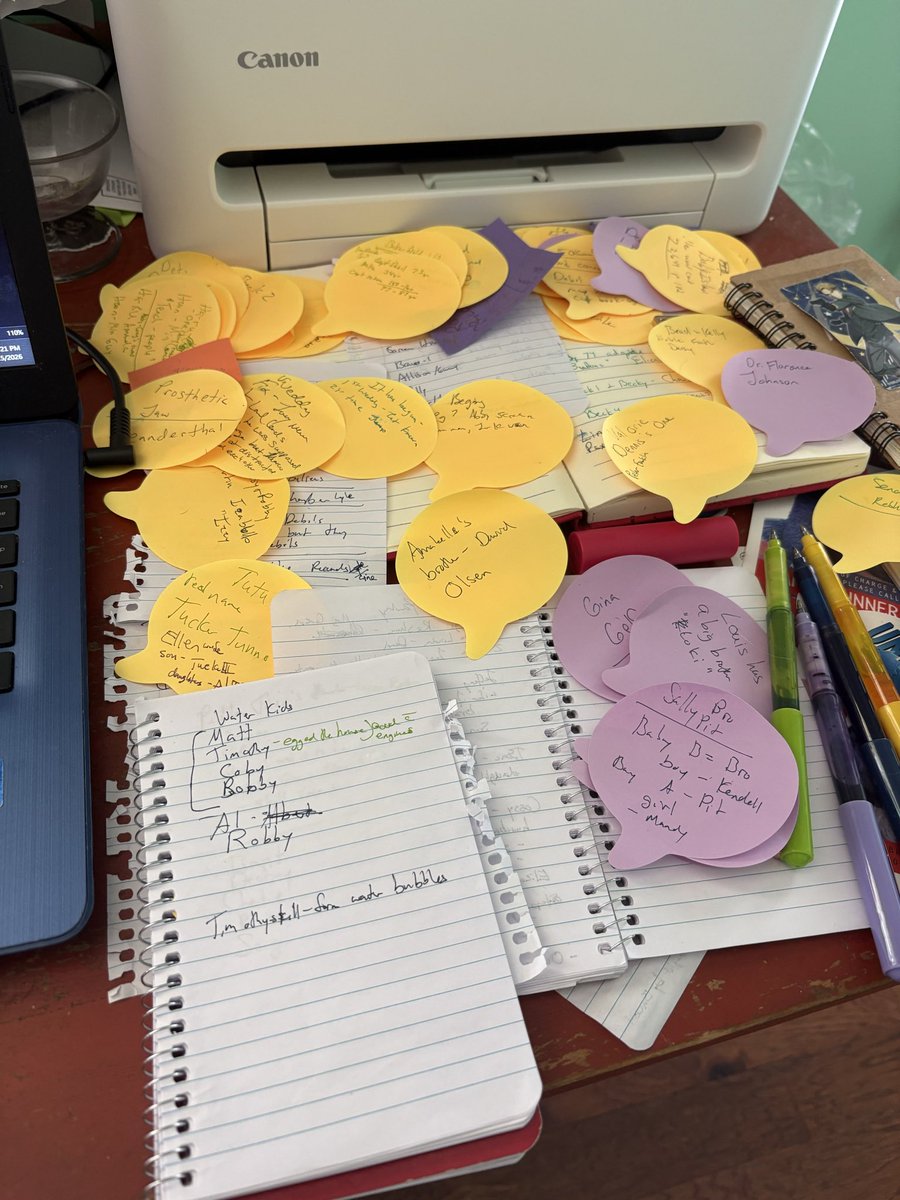 JBarse47's tweet photo. #writerscommunity 

My notes for keeping everyone straight is getting a bit out of hand

What you can’t see under all this: 
4 full small notebooks 2 other sticky pads worth of notes https://t.co/OKjiny7pYH