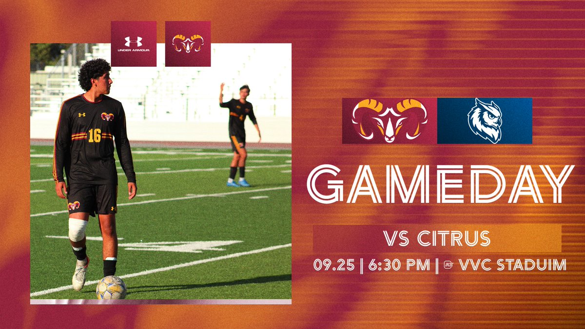 VVC_RAMS's tweet photo. ⚽GAME DAY! ⚽

The Rams are back at home tonight as VVC Men’s Soccer takes on Citrus College!

🆚 Citrus College
 ⏰ 6:30 PM
 📍 Ram Stadium

Come out, bring the energy, and support the Rams as they look to defend home turf! 🔥🐏

#GoRams #VVCAthletics #GameDay #HornsUp🤘 https://t.co/6vWzagNprM