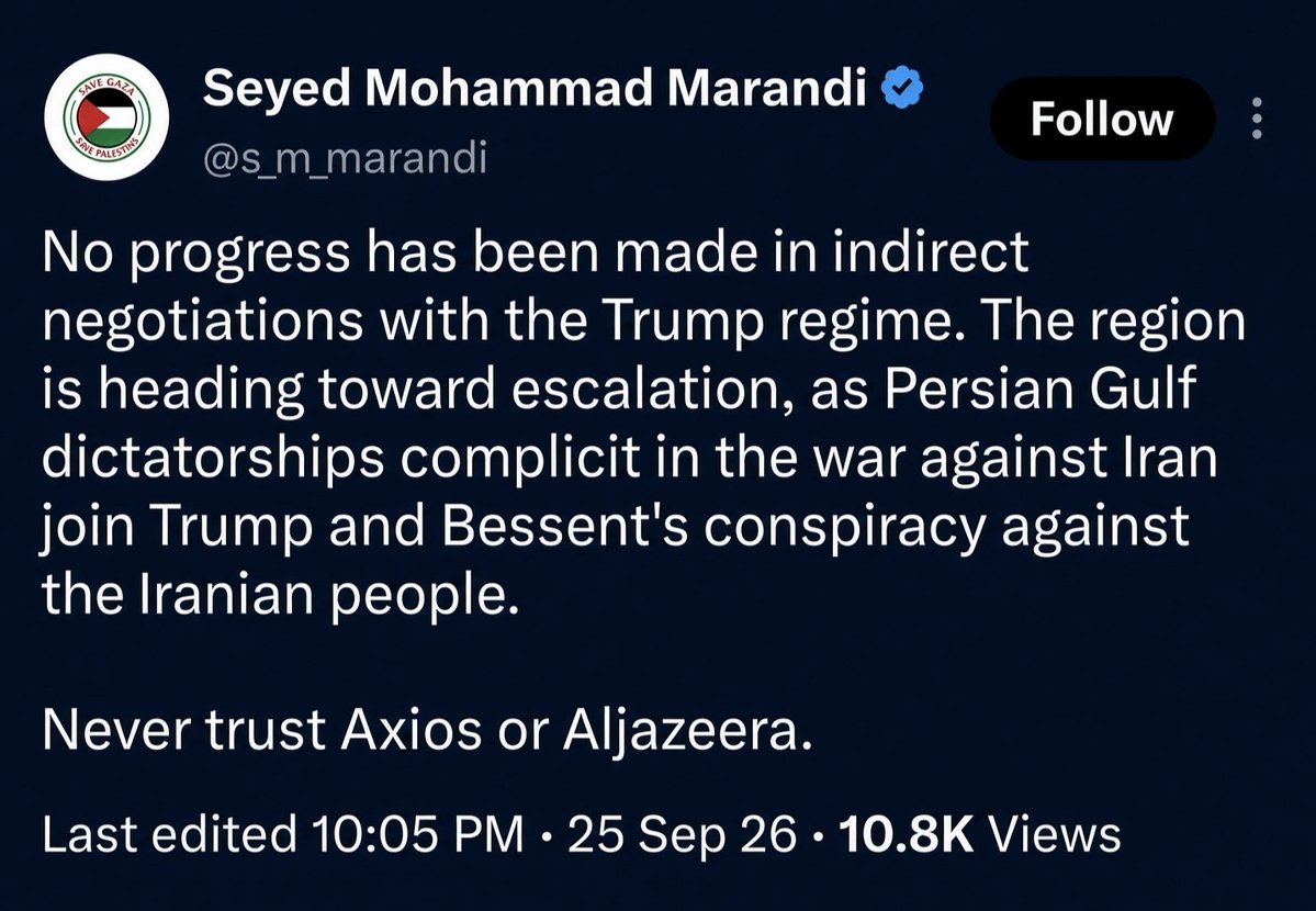 raminfallahh's tweet photo. #فوری 
اختصاصی ـ توییتِ مرندی تئوریسین کلاسیکِ
رژیم(عوستاد دانشگاه در آمریکا) و تیرِ خلاص
به خیمه‌شب‌بازیِ دیپلماسی؛

چیزی به بازگشت جنگنده‌های #اسرائیل
به آسمان تهران و کتلت‌پزون نمانده است 

این همان لحظه‌ای است که نتانیاهو منتظر آن بود

توییتِ محمد مرندی (از چهره‌های اصلیِ تبلیغاتی و نظریه‌پردازانِ جناحِ تندرو) درست در اوجِ خبرسازی‌های نیویورک، عریان‌ترین اعتراف به فروپاشیِ روایتِ هماهنگِ رزیم و وحشتِ هستهٔ سخت از دور زدن توسط تیمِ پزشکیان است.

مرندی با ادعای عدمِ حاصل شدنِ هرگونه پیشرفت در مذاکرات و حملهٔ تند به کشورهای خلیج فارس، دقیقاً خطِ شکست و آماده‌سازی برای تصادمِ سخت را دنبال می‌کند.

۱. تلاش برای خنثی‌سازیِ چراغ‌سبزهای پزشکیان

در حالی که مسعود پزشکیان در نیویورک سیگنالِ تحویلِ اورانیوم ۶۰ درصد را صادر کرده و عقب‌نشینیِ یک‌جانبه را به نمایش گذاشته است، مرندی بلافاصله واردِ میدان شده تا با خط‌دهیِ تنش‌زاییِ حتمی و بی‌نتیجه بودنِ گفت‌وگوها، اعتبارِ سخنانِ رئیس‌جمهور رژیم را در رسانه‌های بین‌المللی خنثی کند.

این موضع‌گیری ثباتِ صوریِ رژیم را خرد کرده و به طرفِ آمریکایی نشان می‌دهد که تیمِ اجراییِ نیویورک حتی بر دستگاهِ تبلیغاتیِ خود در تهران هم تسلطی ندارد.

۲. هراس از محاصرهٔ کامل و مقصرسازیِ همسایگان

مرندی با اتهام‌زنی به حکومت‌های خلیج فارس و ادعای همدستیِ آن‌ها با ترامپ، رسماً اعتراف می‌کند که رژیم در منطقه به انزوای ۱۰۰ درصدی و خفقانِ ژئوپلیتیک رسیده است.

وقتی تمامِ شریان‌های هوایی (بغداد، نجف، مسقط) مسدود شده و همسایگان جنوبی در حالِ تثبیتِ ترتیباتِ امنیتیِ جدید با واشنگتن هستند، اتاقِ فکرِ سپاه هیچ ابزاری جز شتافتن به سمتِ تهدید و فرار به جلو برای خود نمی‌بیند.  

۳. عمیق‌تر شدنِ شکافِ ساختاری (تکذیب علیه تسلیم)

پازلِ تناقض‌ها حالا کامل شده است:

پزشکیان: «ما اورانیوم ۶۰ درصد را بر اساس NPT تحویل می‌دهیم!»

محسن رضایی (شعام): «مذاکره بود اما شروطِ ما پذیرفته نشد و پنجره در حالِ بسته شدن است.»

رسانه‌های سپاه (فارس): «اصلاً هیچ مذاکره‌ای انجام نشده است!»

محمد مرندی: «هیچ پیشرفتی نشده، تنش‌ها تشدید می‌شود و همه علیه ما توطئه کرده‌اند!»

خطِ پایانی

توییتِ مرندی صدایِ زنگِ خطری است که از اتاق‌های تاریکِ هستهٔ سخت به گوش می‌رسد.

 حاکمیت دیگر توانِ تولیدِ یک سیاستِ واحد را ندارد. هیئتِ نیویورک در حالِ دادنِ سندِ انصراف است و تئوریسین‌های درکُنج‌افتاده در تهران با خطِ تهدید، تیرِ خلاص را به بقای ادراکیِ نظام شلیک می‌کنند. این فروافتادنِ کاملِ پردهٔ یکپارچگی و تثبیتِ فروپاشیِ ساختاری از درون است.

#جاویدشاه