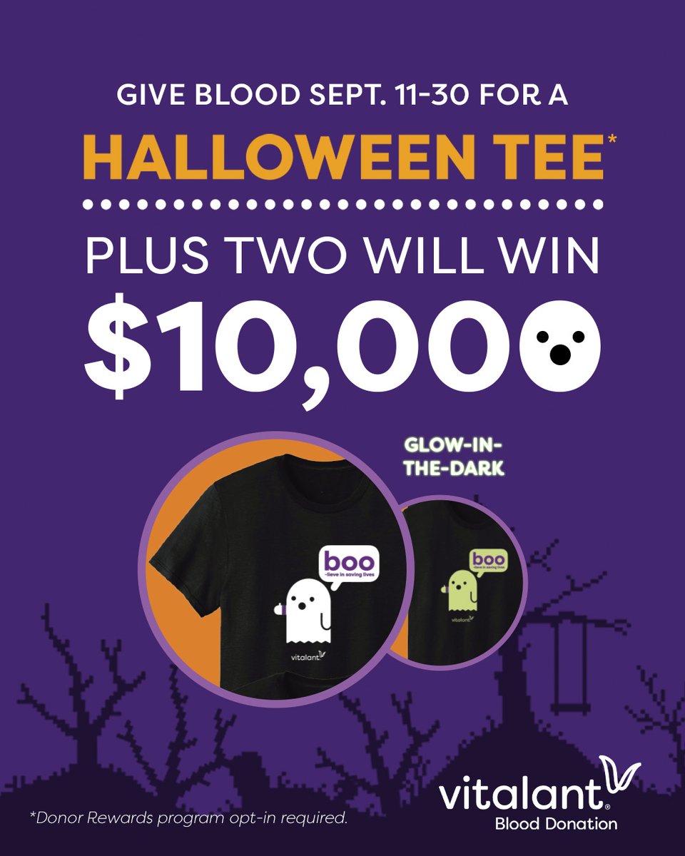 VitalantCA's tweet photo. DON'T MISS OUT: Give blood this fall and you could win $10,000! From Sept. 11–30, donate with Vitalant for a chance to win one of two $10K prepaid gift cards. Opt in for a glow-in-the-dark Halloween T-shirt, too! https://t.co/9O6K99cmNo https://t.co/9sNeIabNSN
