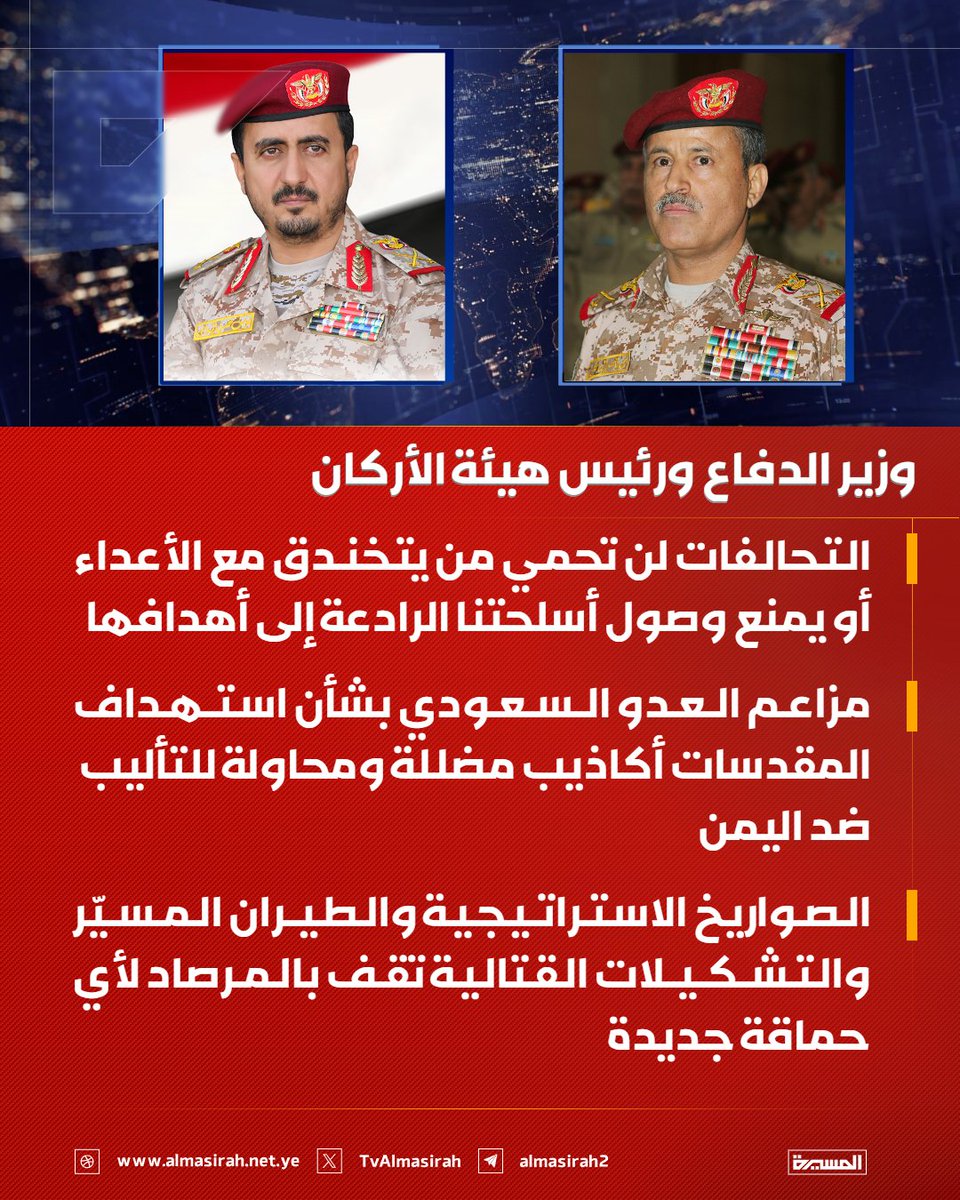 TvAlmasirah's tweet photo. 🔴 وزير الدفاع ورئيس هيئة الأركان:

♦️ الصواريخ الباليستية والطائرات المسيّرة في أتم الجاهزية لضرب قواعد ومصالح العدو الاستراتيجية أينما كانت
♦️ أي رهان على استمرار الحصار أو التصعيد وتجاوز الخطوط الحمراء سيقابله ردع قاسٍ وغير مسبوق
♦️ معادلات الردع القادمة ستضرب مراكز صناعة القرار لدى قوى العدو
♦️ التحالفات لن تحمي من يتخندق مع الأعداء أو يمنع وصول أسلحتنا الرادعة إلى أهدافها
♦️ مزاعم العدو السعودي بشأن استهداف المقدسات أكاذيب مضللة ومحاولة للتأليب ضد اليمن
♦️ الصواريخ الاستراتيجية والطيران المسيّر والتشكيلات القتالية تقف بالمرصاد لأي حماقة جديدة