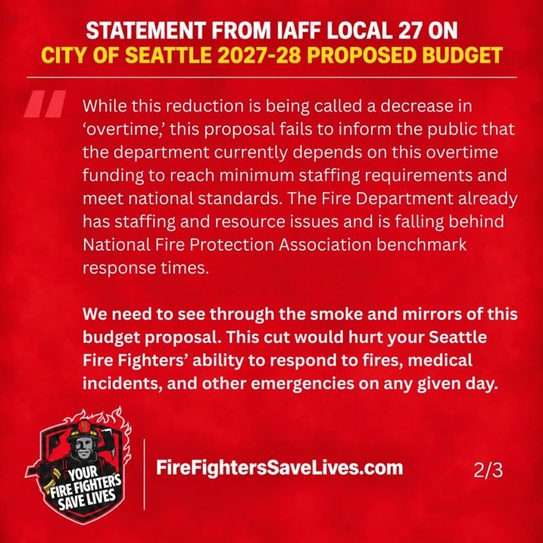 SeattleCigars's tweet photo. Please REPOST:

Seattle Mayor Katie Wilson is proposing cutting 7.1 million from Seattle Fire Department’s 2027 budget. 

Closing firehouses and removing your local Fire Engine or Ladder Truck. 

Need CPR performed on your family member? You’ll have to wait much longer.

House catches fire? Watch it double in size every minute while you wait longer. 

Please email your council member and call them to let them know this is a hard NO.