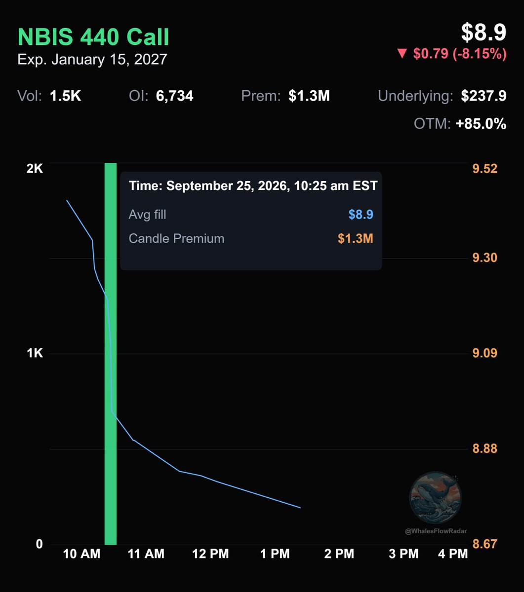 WhalesFlowRadar's tweet photo. $1.3 million into these $NBIS $440 strike January calls. 84% OTM. https://t.co/pCHH1OP5s6