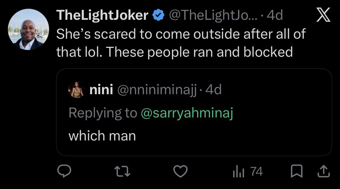 SarryahMaraj's tweet photo. @TheLightJoker24 @Naynaymontoya23 @sarryahminaj This is you constantly trying to address me and getting ignored. I’m not getting arrested and you aren’t going to “find me” 😭🫵🏾  you going to get laid tf out somewhere trying to play with me https://t.co/Bs5JwzoYQj
