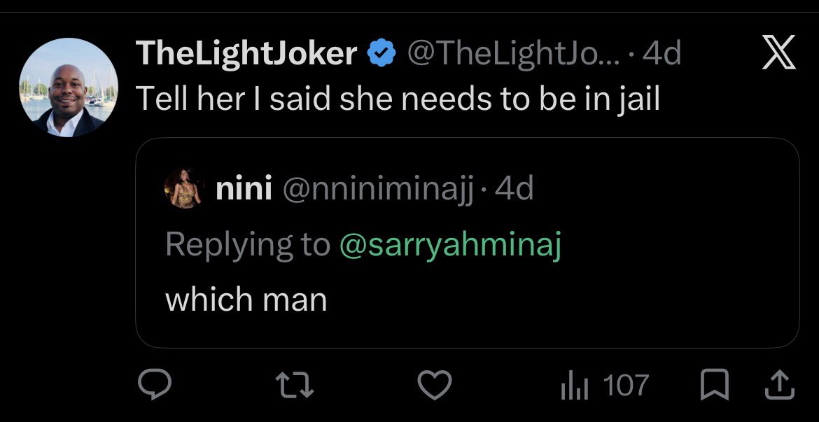 SarryahMaraj's tweet photo. @TheLightJoker24 @Naynaymontoya23 @sarryahminaj This is you constantly trying to address me and getting ignored. I’m not getting arrested and you aren’t going to “find me” 😭🫵🏾  you going to get laid tf out somewhere trying to play with me https://t.co/Bs5JwzoYQj