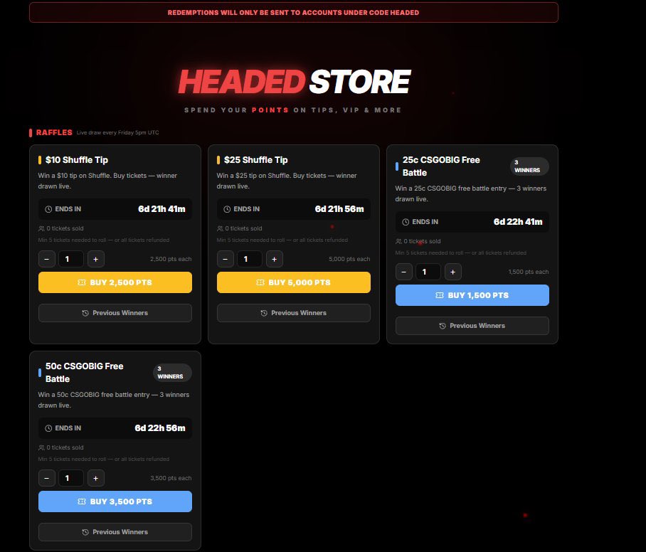 Headedupdates's tweet photo. Every week, we send out prizes to our Raffle winners and players who redeem store prizes with their points.

Last week, one player redeemed a 50/50 Bonus Buy, and it hit for $700! 😲💰

➡️ Earn points by:
✅ Wagering with code “Headed”
✅ Joining the Daily Raffles in stream
✅ Playing games through the Points Shop

Playing Games on https://t.co/5Uri4IgkEV