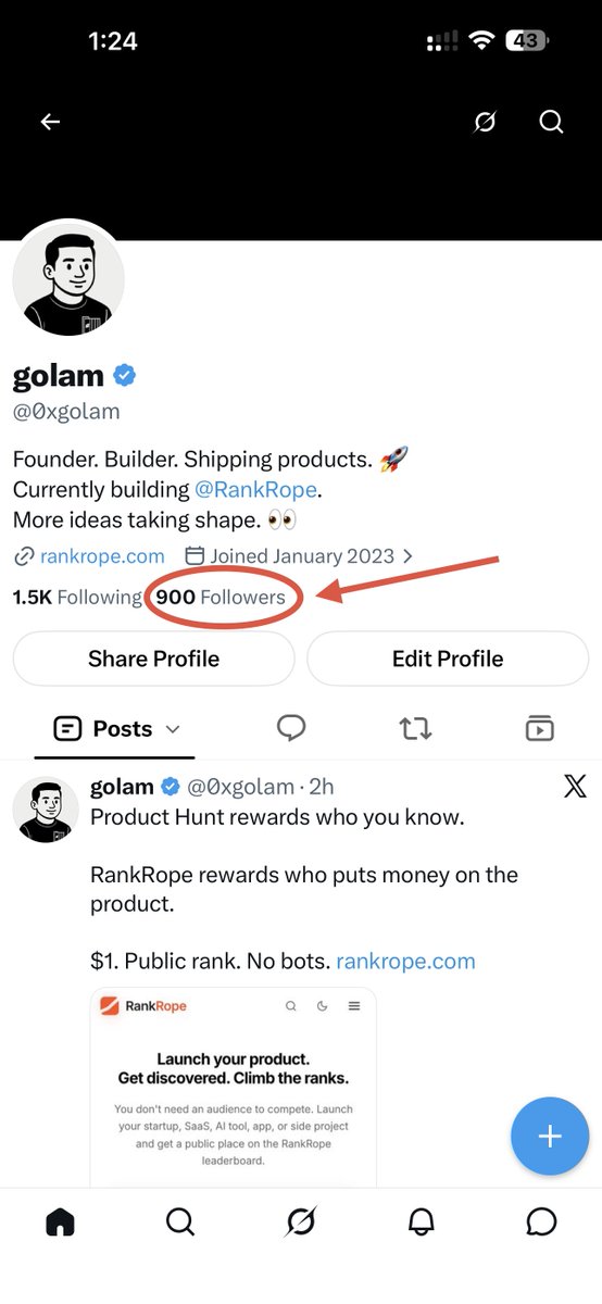 0xgolam's tweet photo. 🥹 900 people.

That number means more to me than it probably looks.

When I started sharing what I’m building, I had no idea who would care, follow along, or stick around.

Now 900 of you are here.

Following the ideas.
Watching the experiments.
Supporting the builds.
Sometimes even giving feedback that changes the direction.

I’m still just one person trying to turn ideas into real products.

But having 900 people watching the journey makes it feel a lot less lonely.

Thank you for being here. ❤️

The goal hasn’t changed:

Build useful things.
Ship them.
Learn in public.
Keep going.

Next stop: 1,000. 🥹

And honestly, reaching that number with people who genuinely care about what I’m building would mean a lot.

Still just the beginning. 🚀