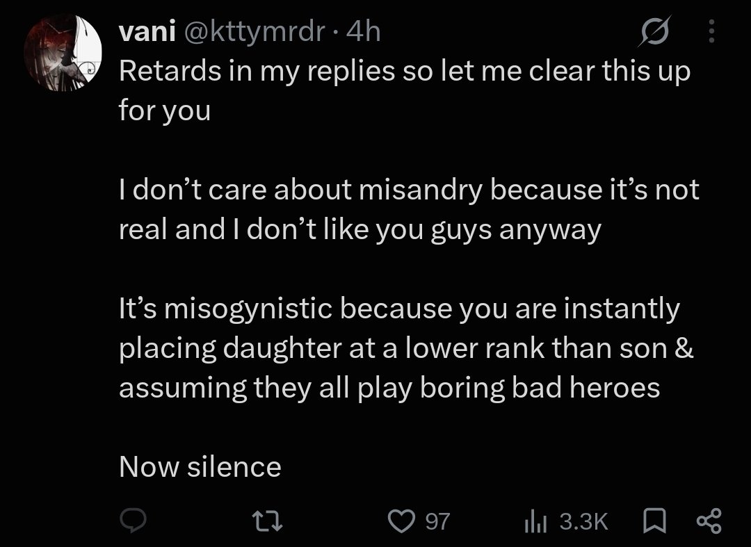 CapiIah's tweet photo. You're correct, it is misogynistic, but being a sexist in general is a retarded mindset, so you're also retarded. Good luck. https://t.co/4hjBc1oyiE