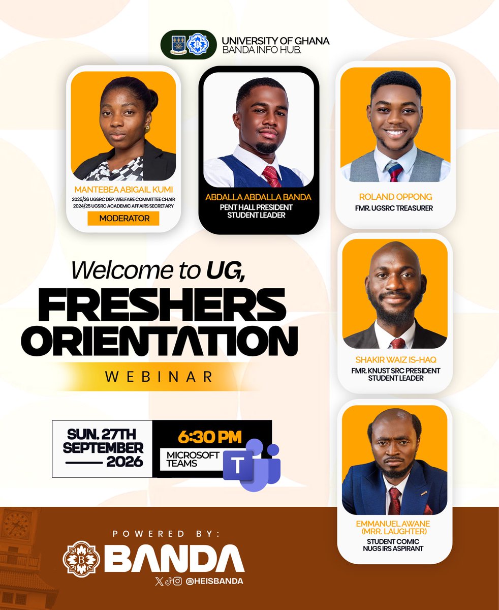 heisbanda_'s tweet photo. FRESHERS, WE OUTSIDE! 🎓
Your UG journey starts here. Come catch the gems, ask questions &amp; get campus-ready!
No gatekeeping. Just vibes &amp; valuable info. 
#UG #legon https://t.co/ZfZpijH2Uc