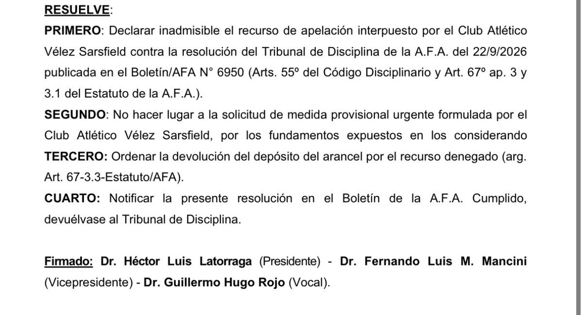 JulioPavoni's tweet photo. ATENCIÓN el tribunal de apelaciones RESUELVE 

TEMA BOCA VÉLEZ 

DECLARA INADMISIBLE EL RECURSO DE APELACIÓN INTERPUESTO POR VÉLEZ https://t.co/eNvqhhTrLH