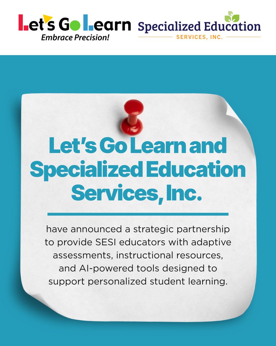 letsgolearn's tweet photo. Big news! 🎉 Let’s Go Learn + SESI are partnering to bring educators adaptive assessments, instructional resources &amp; AI-powered tools that support personalized learning. 🌱
Learn more: https://t.co/yaHuDOo45q
#SpecialEducation #EdTech https://t.co/Il5KXRmy2K