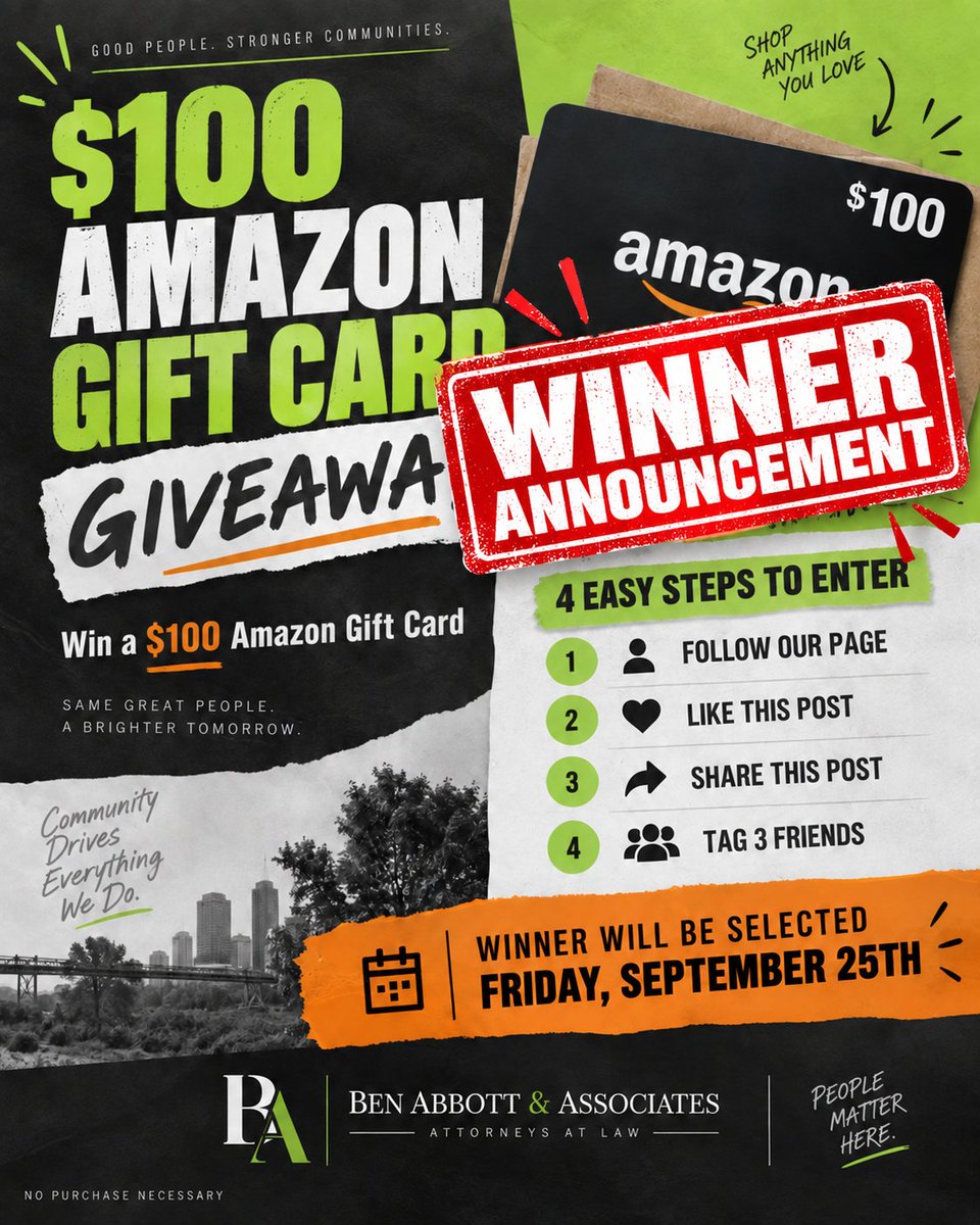 BenAbbottTX's tweet photo. 🎉 **WE HAVE A WINNER!** 🎉

Congratulations to the winner of our **$100 Amazon Gift Card Giveaway!** 🛍️💳

Thank you to everyone who followed, liked, shared, and tagged friends to enter. We seriously appreciate all the support!

👀 **Keep following Ben Abbott & Associates** because more giveaways are coming soon.

Winner, please check your messages for details on claiming your prize. 🎁

#WinnerAnnouncement #AmazonGiftCard #GiveawayWinner #BenAbbottAndAssociates #DFW #CommunityGiveaway