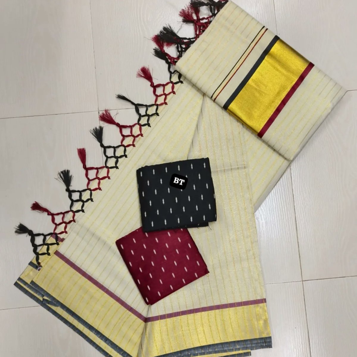 donplucom's tweet photo. Tissue Kasavu Kottaram Lines Saree with tassels. Length: 6. 25m. Material: Tissue. Price: Rs. 1550 + shipping. Blouse: Rs. 220 per meter. https://t.co/J3F6NBp064