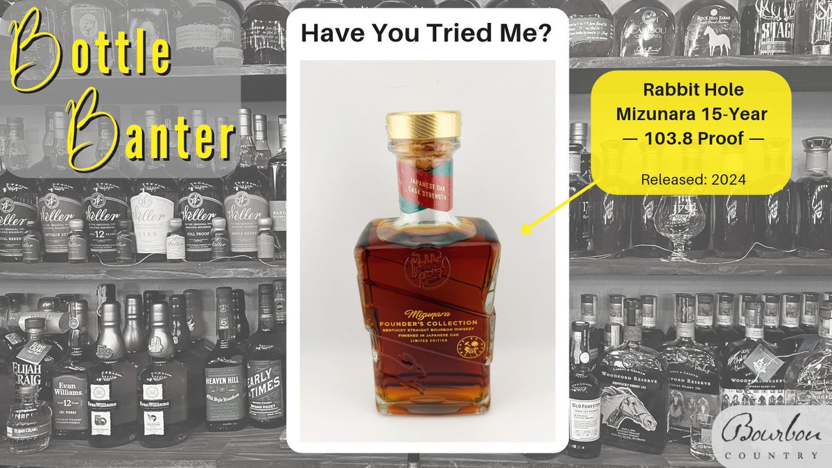 justaddbourbon's tweet photo. Have you tried the Mizunara Founder's Collection from @RabbitHoleKY? Released in 2024, the 15-year-old bourbon was finished for 11 months in rare Japanese Mizunara Oak. 🥃
.
.
#BottleBanter #HaveYouTriedThisBourbon #RabbitHoleDistilling #Mizunara #bourbon #BourbonCountry #TGIF https://t.co/nQ8O57SNTV