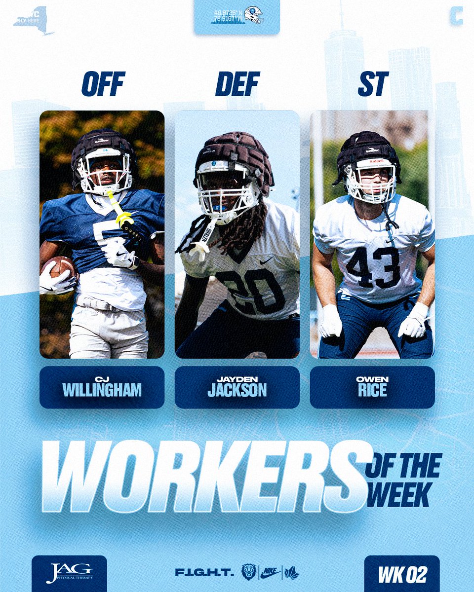 CULionsFB's tweet photo. Great looks from these guys all week!

F.I.G.H.T.

#RoarLionRoar 🦁 // #OnlyHere 🗽

Presented by Jag Physical Therapy https://t.co/45cbPGtusB