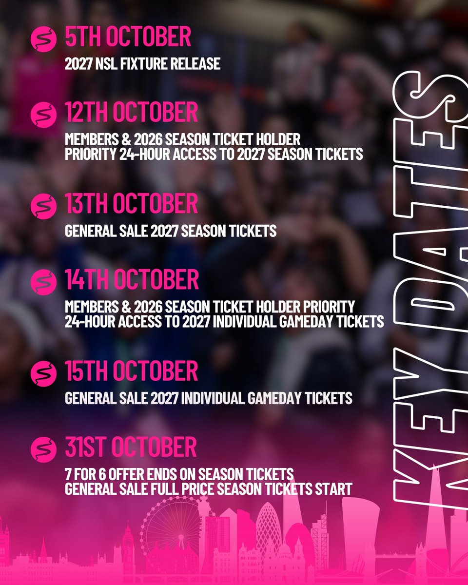 Pulse_Netball's tweet photo. 10 DAYS TO GO. 🗓️💗🏐The countdown to the 2027 Netball Super League fixture release is officially on!
Want 24-hour priority access on 12th October to our exclusive season ticket offer? Secure your London Pulse Membership today📲https://t.co/bpWMnHWYuY
#LondonsCalling #LondonPulse #FeelThePulse #NSL2027