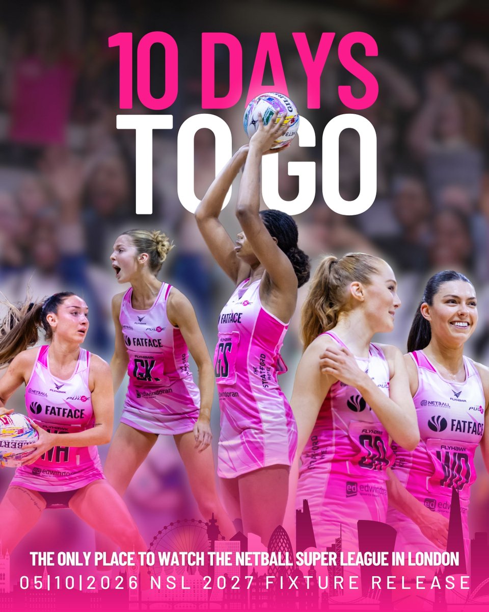 Pulse_Netball's tweet photo. 10 DAYS TO GO. 🗓️💗🏐The countdown to the 2027 Netball Super League fixture release is officially on!
Want 24-hour priority access on 12th October to our exclusive season ticket offer? Secure your London Pulse Membership today📲https://t.co/bpWMnHWYuY
#LondonsCalling #LondonPulse #FeelThePulse #NSL2027
