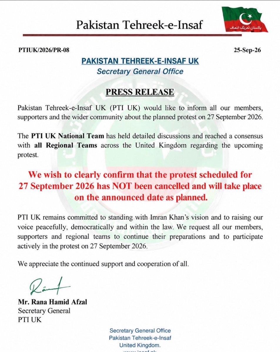 PTIofficial's tweet photo. PTI UK Protest of September 27th will continue as scheduled. Protestors will be cheering for all their brother and sisters in Pakistan to go in huge numbers when the March starts from Peshawar to Islamabad! https://t.co/DG6uH4MkBm