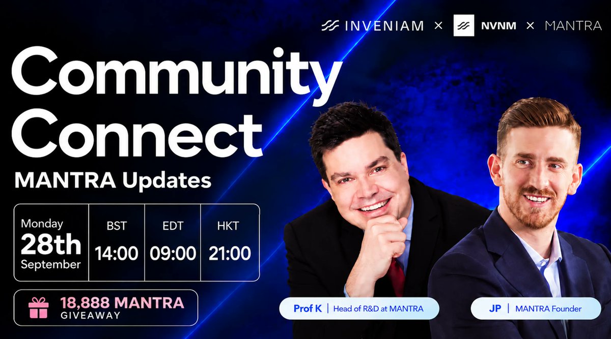 MANTRA_Chain's tweet photo. 🎙️Community Connect is back Monday!

Join @Profoneur and @jp_mullin888 for the latest MANTRA updates.

Live streaming on X and YouTube: https://t.co/oLXmw68ujZ

Drop your MANTRA questions below. A selection will be answered live, and our favorite wins 18,888 $MANTRA👇 https://t.co/uivMFz3Dkt