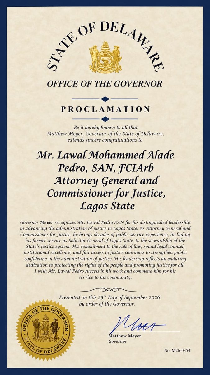 LagosMoj's tweet photo. STATE OF DELAWARE HONOURS LAGOS STATE ATTORNEY-GENERAL, MR. LAWAL PEDRO, SAN, FCIArb
https://t.co/XE8m4LXEz0 https://t.co/V4xveagc5T
