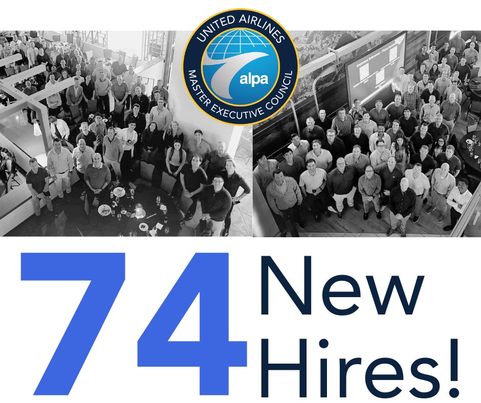 UnitedPilots's tweet photo. Meet the 74 new United pilots who joined us at a New Hire Dinner in Denver last night! 50.6% of this class came from other ALPA carriers, and 28% served in the military. Welcome to our pilot group of 18,926 current United pilots! We’re looking forward to flying with you.  

Swipe to see more info about this class, including their flight time ranges, average age, and base awards!

@ALPAPilots