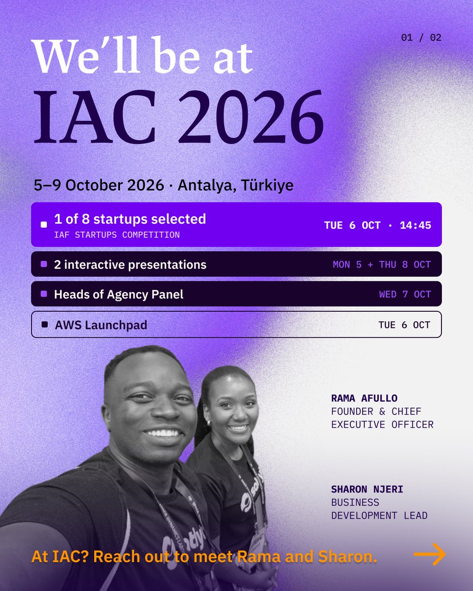 satlytai's tweet photo. Heading to #IAC2026 in Antalya 🇹🇷 🛰️

Satlyt is 1 of 8 startups selected for the IAF Startups Competition (Tue 6 Oct, 14:45), and we're giving 2 interactive presentations (Mon 5 + Thu 8 Oct). Full schedule below.

Book a time to meet:
https://t.co/7pqSkDmvhB https://t.co/6pUFwIssCj
