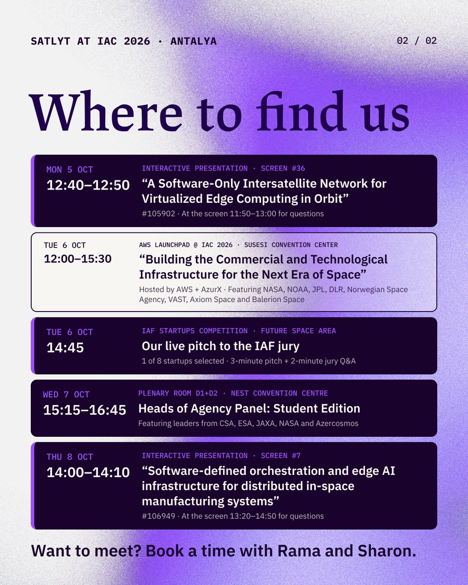 satlytai's tweet photo. Heading to #IAC2026 in Antalya 🇹🇷 🛰️

Satlyt is 1 of 8 startups selected for the IAF Startups Competition (Tue 6 Oct, 14:45), and we're giving 2 interactive presentations (Mon 5 + Thu 8 Oct). Full schedule below.

Book a time to meet:
https://t.co/7pqSkDmvhB https://t.co/6pUFwIssCj