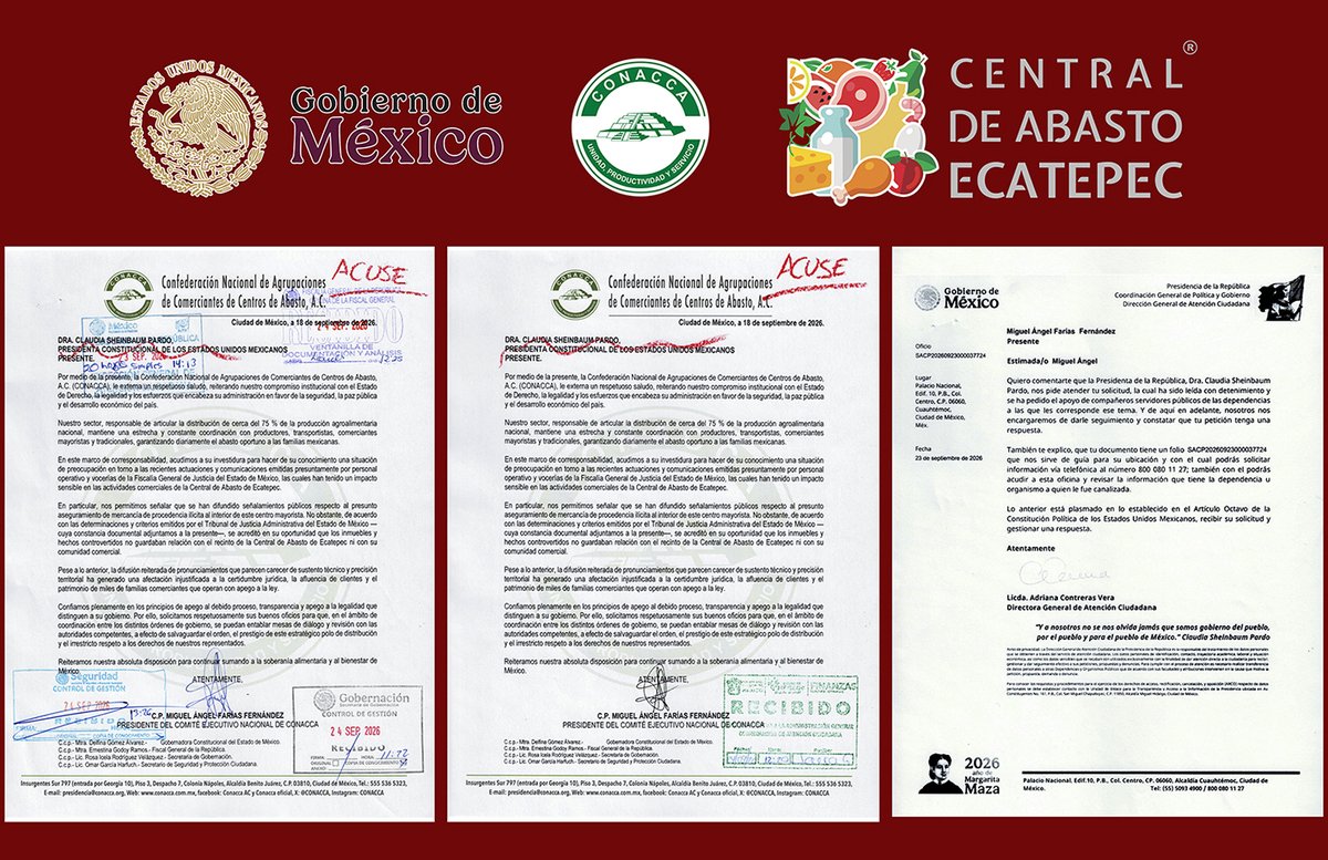 CONACCA's tweet photo. Luego del desprestigio por parte de la FGJEM y la solicitud de apoyo del Presidente de la CEDA Ecatepec, Octavio Martínez, el Presidente Miguel Farías solicitó la intervención de la Presidenta Claudia Sheinbaum. @CONACCA @ucmabastos @UNCOFYLOFICIAL @cedachicoloapan @CdeAbastoCDMX https://t.co/qrbZVEwyNc