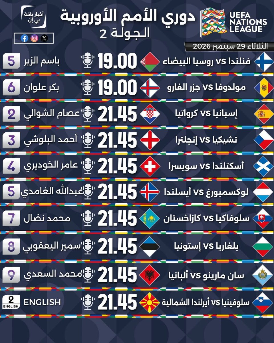 AlmarsadSports's tweet photo. 🎙️ جدول معلقي مباريات الجولة 2 لدوري الأمم الأوروبية حصرياً على قنوات بي إن سبورت https://t.co/AoRuNSQm3P