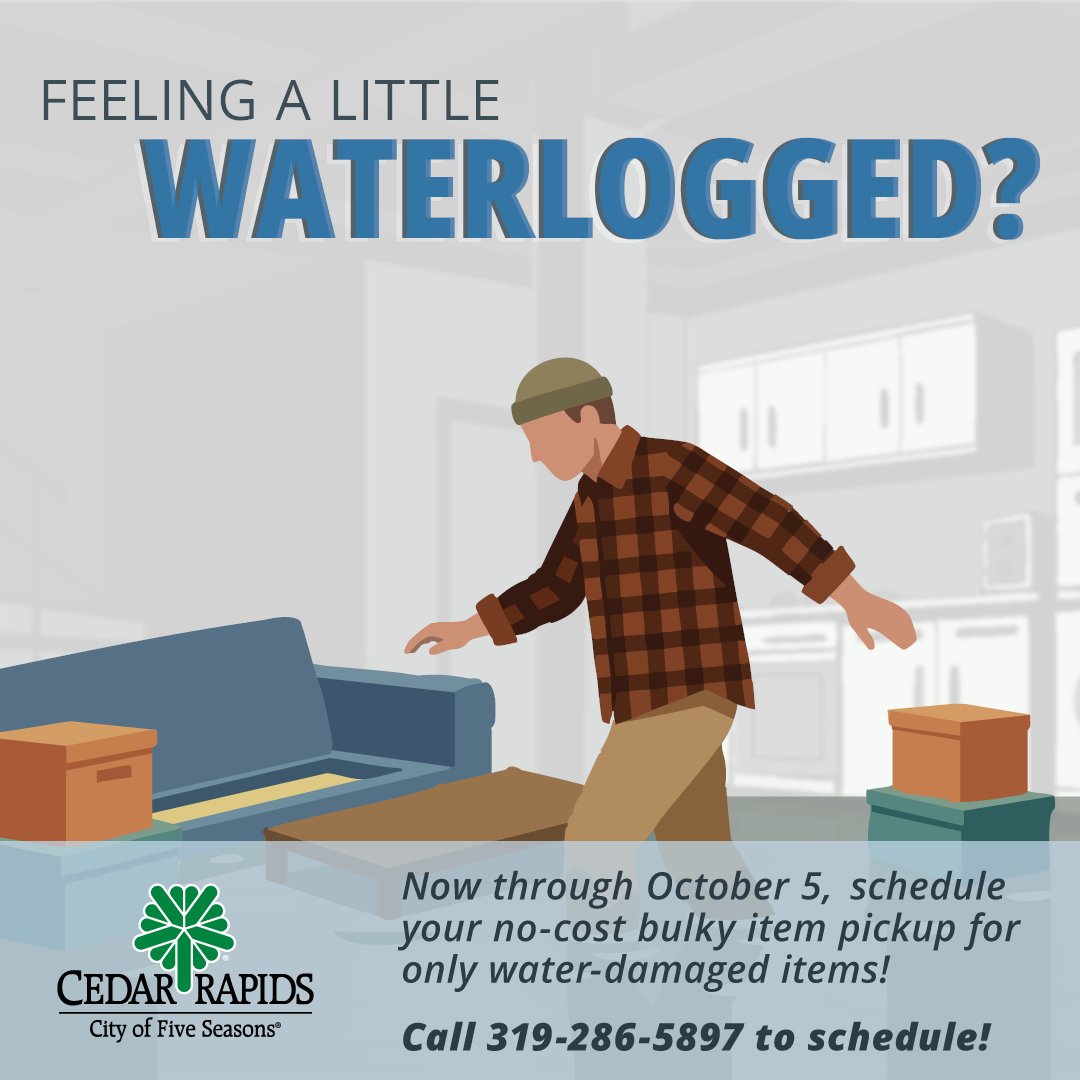 CityofCRiowa's tweet photo. We are offering free pickup of large household items damaged by storm water. This temporary service ends October 5 and is only for residents who already get our curbside collection. Call 319‑286‑5897 to schedule and only place curbside after scheduling. https://t.co/1KEBMJI9ph
