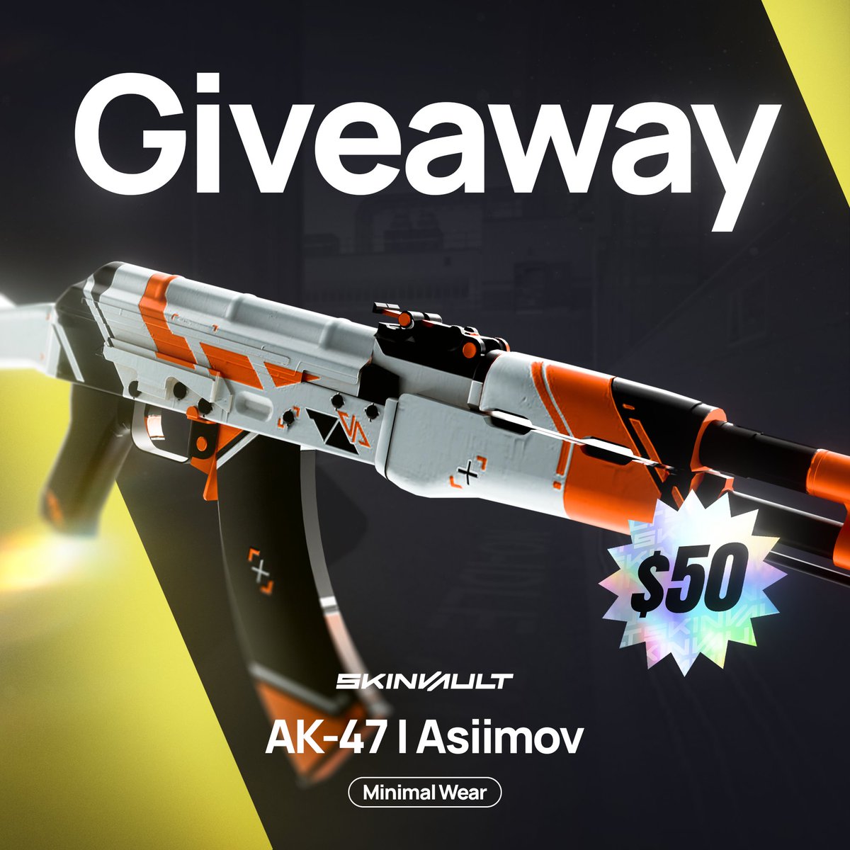 R20_cs's tweet photo. AK Asiimov $50 Giveaway 💛

☑️ Follow @R20_cs &amp; @Skinvault_gg 
☑️ Repost and Like

Ends next week, Good luck! https://t.co/Js03n2QyPX