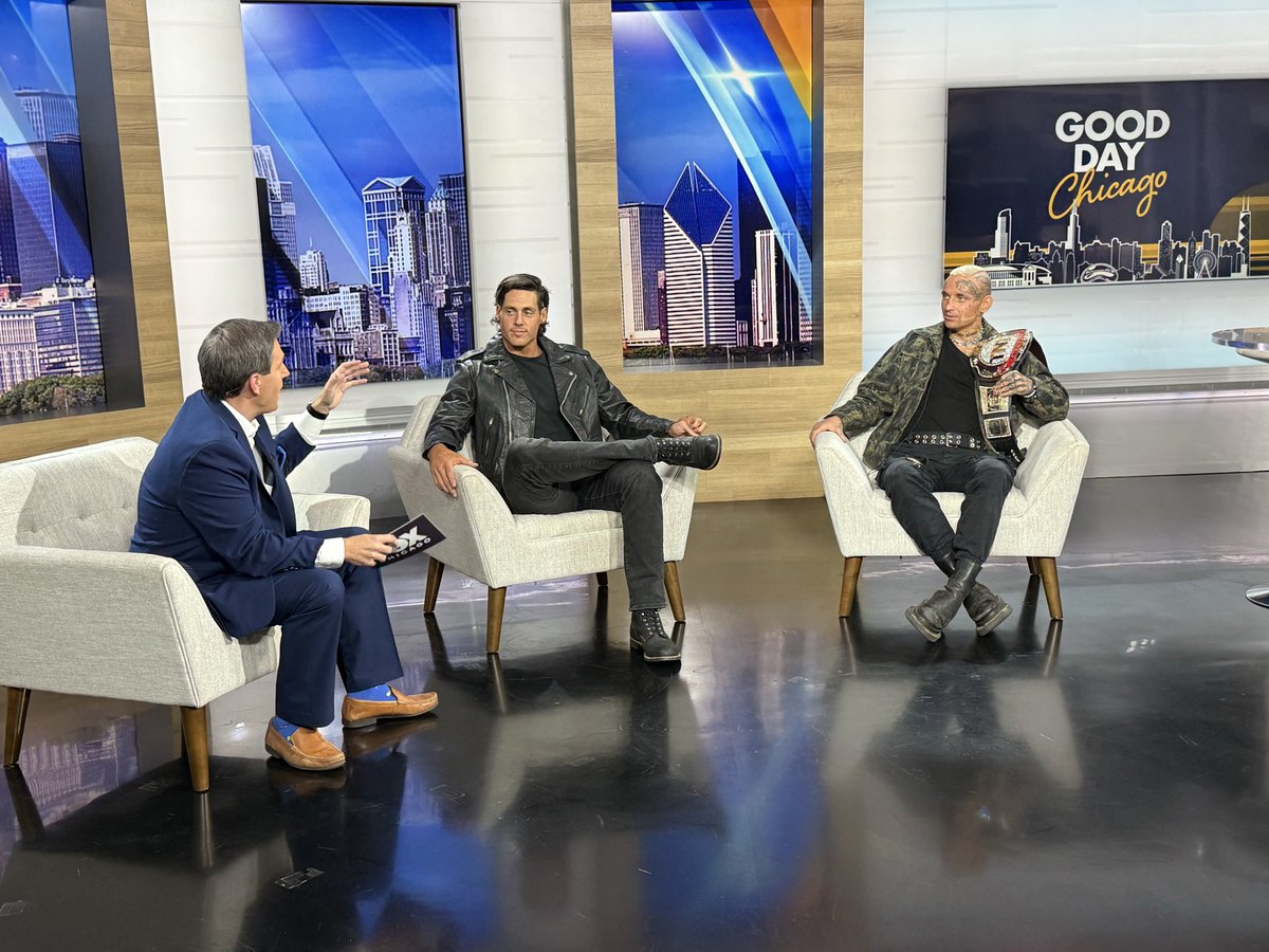AEWpress's tweet photo. Ahead of their tag team match against @Jet2Flyy &amp; @kylefletcherpro, @DarbyAllin &amp; @Stevenborden were talking #AEWAllOut coming to the @NOW_Arena with @WGNRadio, @Rock955CHI, @1035KISSFM, @Q101Chicago, and @fox32news. Catch all the action TOMORROW NIGHT live on PPV. https://t.co/Z1gggdjtjC
