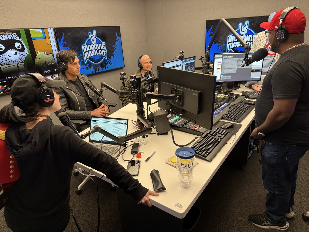 AEWpress's tweet photo. Ahead of their tag team match against @Jet2Flyy &amp; @kylefletcherpro, @DarbyAllin &amp; @Stevenborden were talking #AEWAllOut coming to the @NOW_Arena with @WGNRadio, @Rock955CHI, @1035KISSFM, @Q101Chicago, and @fox32news. Catch all the action TOMORROW NIGHT live on PPV. https://t.co/Z1gggdjtjC