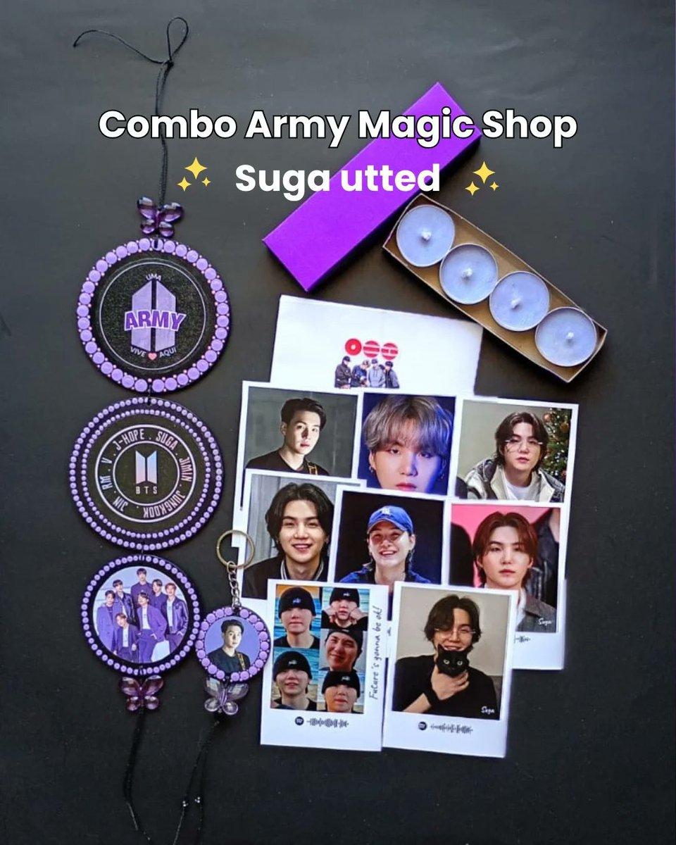 BarbaraSaluzzi's tweet photo. O combo Army Magic Shop Suga Utted tem tudo para você se sentir acolhida: círculo OT7, chaveiro do Yoongi, 8 fotos estilo Polaroid e 4 velas aromáticas de lilás, baunilha e menta. Chame na DM para saber mais. https://t.co/3sV4WR4CME
