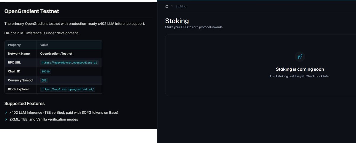 0xTurtleC's tweet photo. @OpenGradient has already built more than most AI x crypto projects ever get to.

A working Model Hub.

A public SDK.

TEE-secured inference infrastructure.

x402 payments using base:0xfbc2051ae2265686a469421b2c5a2d5462fbf5eb.

Consumer products like DreamFort and BitQuant.

And the latest dashboard snapshot I checked showed nearly 1M inference transactions, 387K+ x402 transactions and more than 4,400 models.

The interesting part is that development didn't slow down after TGE either.

Their TEE gateway was updated again in September. The SDK was still being worked on. DreamFort shipped MiniMax H3, Extend Video and Edit Video within the same month.

So when I looked deeper into OpenGradient, the first thing I found wasn't a dead AI token trying to survive on narrative.

It was a project that is still building.

But that is only half of the story.

Because the deeper I went, the more obvious the gap became between what OpenGradient has built and what the network has actually proven.

Their own documentation still describes the core network as Testnet.

Onchain ML inference is still under development.

And even though the Foundation previously said all five base:0xfbc2051ae2265686a469421b2c5a2d5462fbf5eb utilities were operational at TGE, the staking portal still says:

"OPG staking isn't live yet."

That contradiction matters.

Then there is adoption.

OpenGradient has real inference activity, but the latest app distribution I could verify was roughly:

DreamFort: 54%
BitQuant: 45%
Other: 1%
That means around 99% of tracked inference is still coming from products inside the OpenGradient ecosystem itself.
I don't think that makes the activity fake.

Actually, I think the strategy makes sense.

Build your own applications first.
Create demand for your infrastructure.
Use that demand to bootstrap the network.

The real test comes after that.

Can OpenGradient turn first-party usage into third-party demand?
Because if "Other" goes from 1% to 10%, then 20%, then 30%+, OpenGradient starts looking very different.
At that point, it is no longer just a team building good AI products on top of its own infrastructure.

It starts becoming infrastructure other developers actually need.

And that is where the token thesis becomes much more interesting.

base:0xfbc2051ae2265686a469421b2c5a2d5462fbf5eb already has something many AI tokens still don't have: utility connected directly to usage.

Its x402 inference flow can use OPG as payment.

But utility alone isn't enough.

What I still want to see is how much economic value that usage actually creates.

How much OPG is being paid per inference?

How much reaches validators or operators?

How much is captured by the protocol?

How much gets locked instead of immediately returning to the market?

Those numbers are still the missing piece.

Then tokenomics starts to matter.

The current unlock pace is around 8M OPG per month, but April 2027 is the date I care about more.

That is when contributor and investor cliffs begin and monthly unlocks increase significantly.

So OpenGradient is effectively racing against its own supply schedule.

It needs external adoption, staking and a more mature network before dilution becomes heavier.

And only after looking at all of that does the current valuation become interesting.

base:0xfbc2051ae2265686a469421b2c5a2d5462fbf5eb is trading around the $0.12 area, with a circulating market cap of roughly $29M, after spending months far below its post-TGE highs.

So the setup isn't simply:

"OPG is down, therefore it is cheap."

My thesis is different.

The project has progressed faster than the token thesis.

The technology is real.
The team is still shipping.
The infrastructure is being used.
The token already has a usage-linked payment function.

But external adoption is still weak.
Staking isn't fully live.
The native network is still not at the maturity level I want.
And heavier dilution is coming.

For me, three things would materially change the thesis:

Mainnet.

Live staking.
Third-party inference adoption.
If those three arrive before the April 2027 supply regime change, I would raise my conviction on base:0xfbc2051ae2265686a469421b2c5a2d5462fbf5eb significantly.
Until then:

Project > token.
And that gap between what OpenGradient has already built and what base:0xfbc2051ae2265686a469421b2c5a2d5462fbf5eb still needs to prove is exactly why I'm watching it.
NFA. Research first.

#TURTLEC #OPG