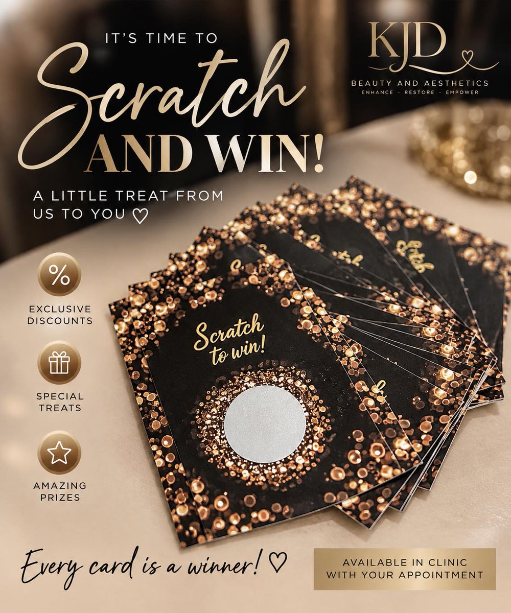VivianaPlotnik's tweet photo. Scratch &amp; Win at KJD Beauty &amp; Aesthetics, Chorley. Attend your appointment, receive a scratch card and reveal your prize. Every card wins, from exclusive discounts to special treats. Book your appointment today. https://t.co/H0R2GiA8Rv